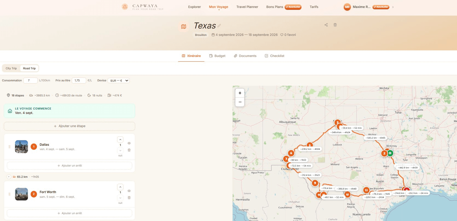 Interface Capwaya montrant un itinéraire road trip au Texas avec les routes calculées en orange suivant les autoroutes réelles